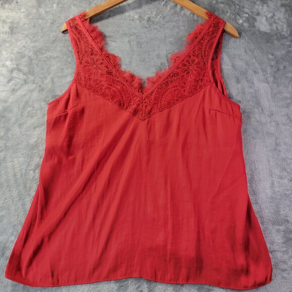 H&M Womens Red Lace Trim Cami Tank Top M Sleeveless V Neck Romantic Date Night - Picture 1 of 9